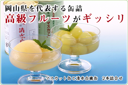 フルーツ王国岡山県を代表する缶詰高級フルーツがギッシリ マスカット缶と清水白桃缶　2本詰合せ